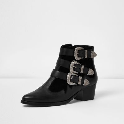 Black leather western buckle strappy boots